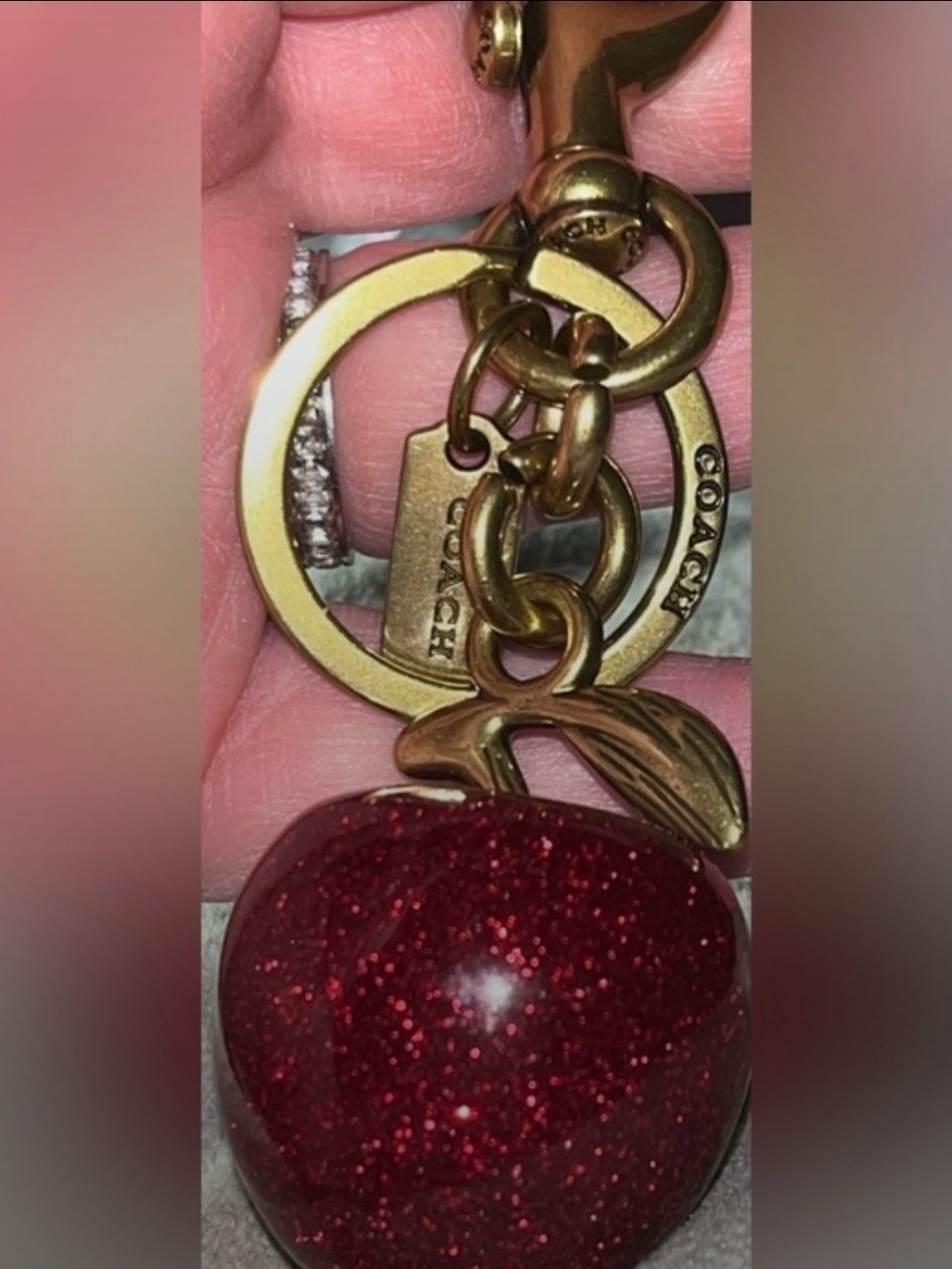 Coach Red Glitter Apple Keychain Charm/ COMES WITH COA